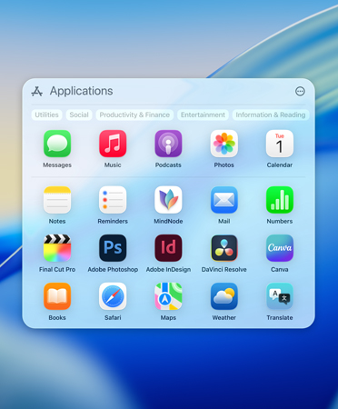 Menu de navegação do Spotlight mostrando apps com filtros de categoria: Utilitários, Redes Sociais, Produtividade e Finanças, Entretenimento e Informação e Leitura