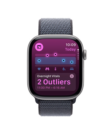 Apple Watch Series 11, kosmosehall toon, alumiiniumist korpus, rakendus Vitals, tervise hinnangu kaart, öiste näitajate teavitused, parem väliskülg, Digital Crown, Sport Loop, tumehall värv