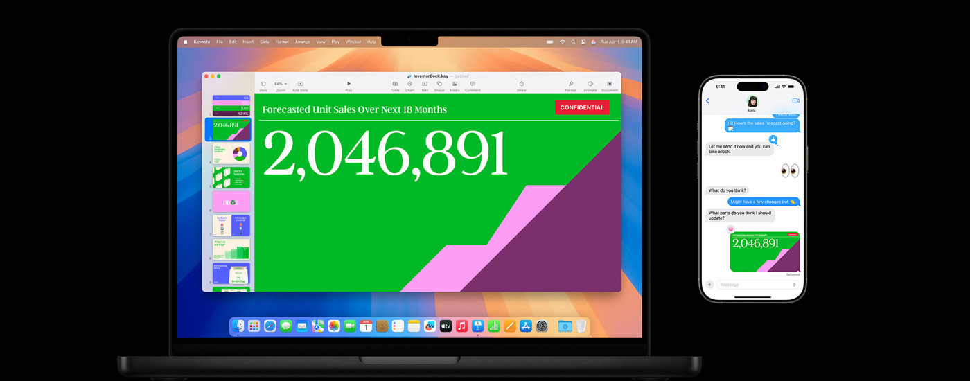 La pantalla de un Mac muestra una presentación. Al lado se ve un iPhone con una conversación y la presentación compartida.