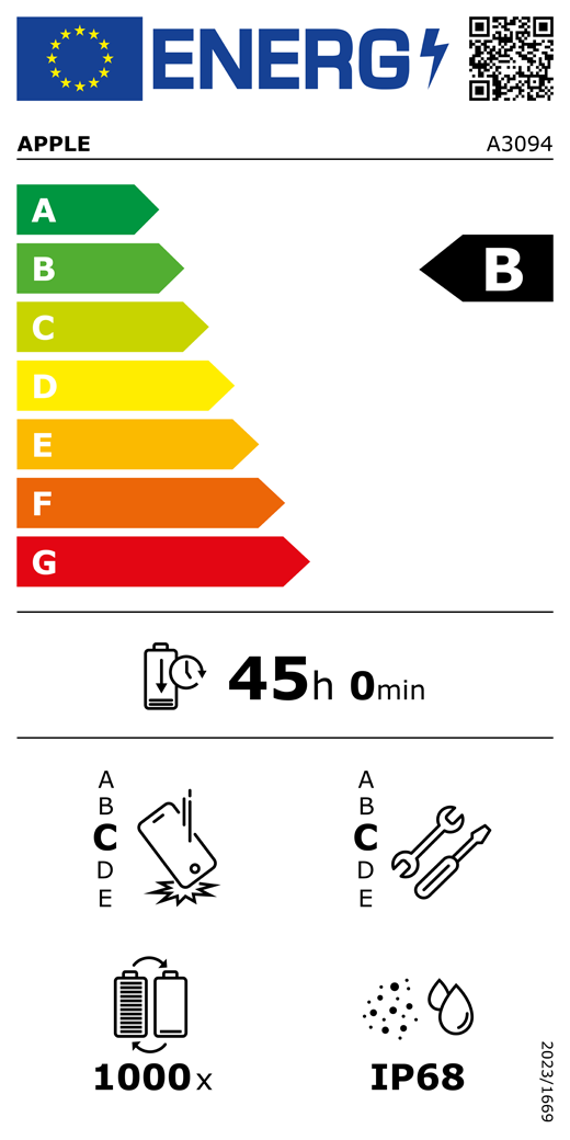 Código QR e información de la etiqueta energética de la UE, modelo A3094 de Apple, clase B, clases de eficiencia energética (con una escala de la A a la G), de la A (la más eficiente) a la G (la menos eficiente), duración de la batería por ciclo, 45 horas y 0 minutos por carga completa de la batería, fiabilidad en caídas repetidas de clase C, de la A (la más robusta) a la E (la menos robusta), reparabilidad de clase C, de la A (la más reparable) a la E (la menos reparable), 1.000 ciclos de carga de la batería, grado de protección contra la entrada de polvo y agua (IP) IP68, normativa 2023/1669.