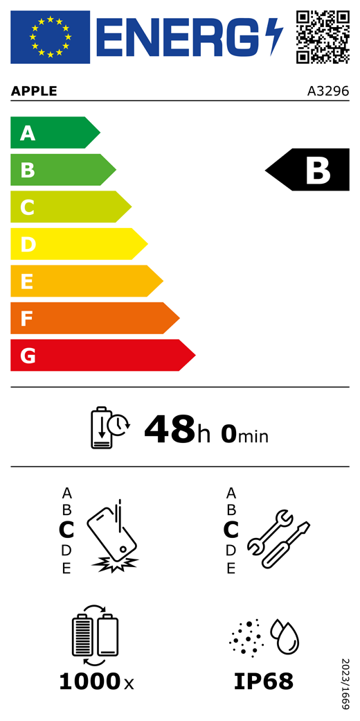 Código QR e información de la etiqueta energética de la UE, modelo A3296 de Apple, clase B, clases de eficiencia energética (con una escala de la A a la G), de la A (la más eficiente) a la G (la menos eficiente), duración de la batería por ciclo, 48 horas y 0 minutos por carga completa de la batería, fiabilidad en caídas repetidas de clase C, de la A (la más robusta) a la E (la menos robusta), reparabilidad de clase C, de la A (la más reparable) a la E (la menos reparable), 1.000 ciclos de carga de la batería, grado de protección contra la entrada de polvo y agua (IP) IP68, normativa 2023/1669.