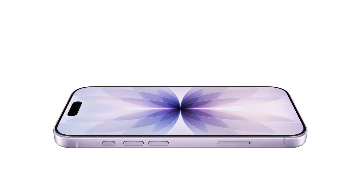 iPhone 17, parte delantera exterior que muestra el Ceramic Shield, vista lateral exterior, color lavanda, botones: Acción, volumen, Dynamic Island centrada en el extremo superior