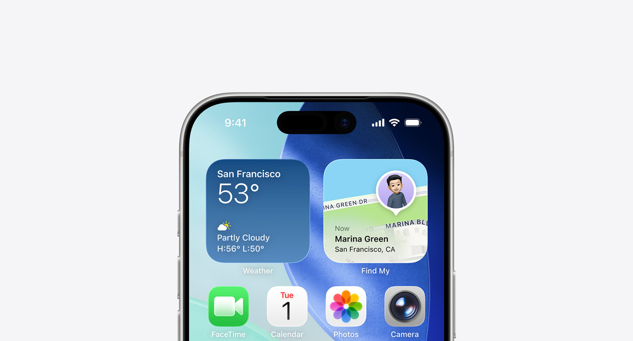 Den øverste del af en iPhone-skærm viser hjemmeskærmen med Vejr- og Find-widgets i øverste række
