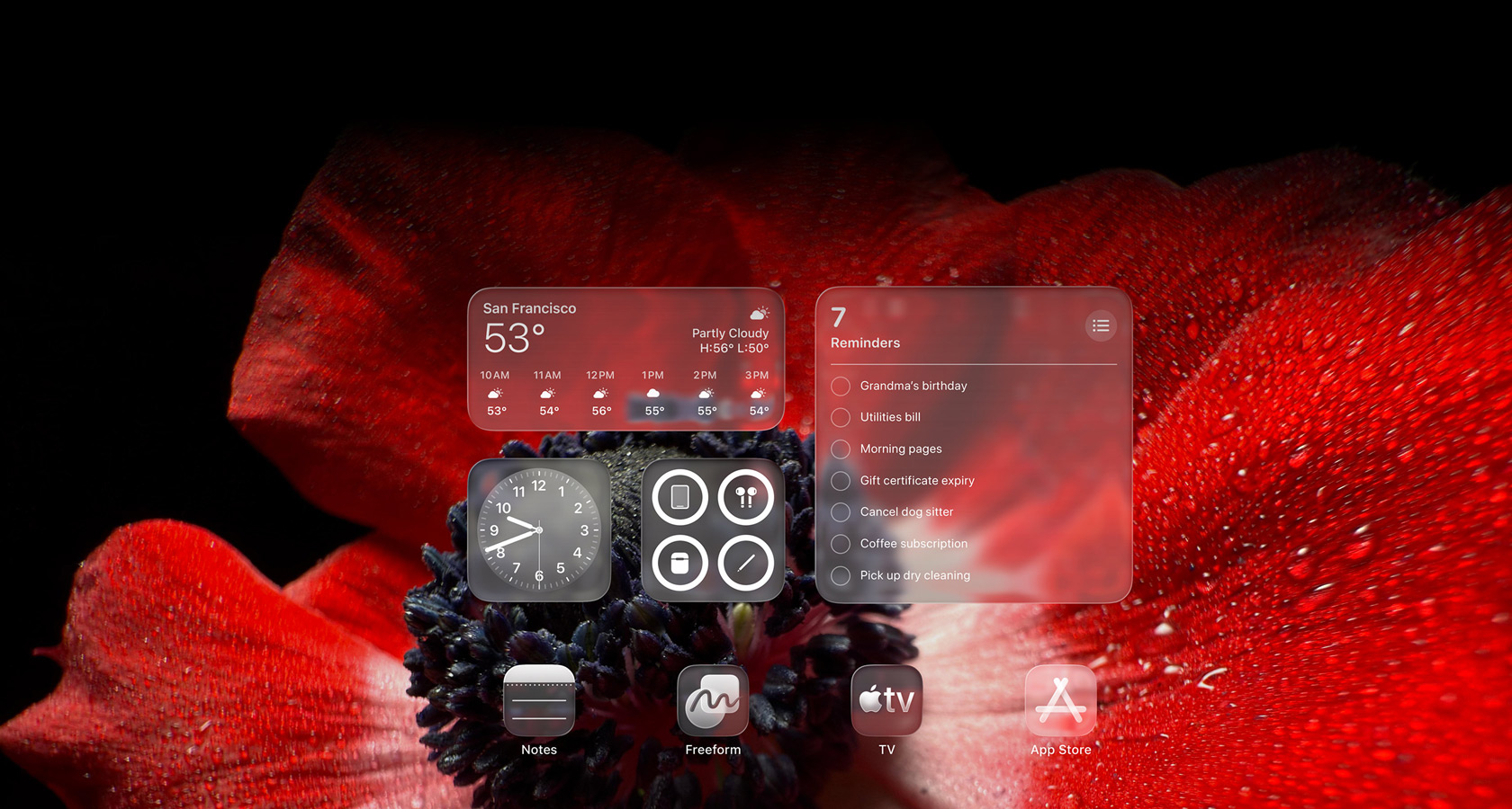 Ecrã bloqueado a mostrar os ícones das apps Meteorologia, Lembretes e Relógio, todos em Liquid Glass transparente, com efeito de refração no fundo