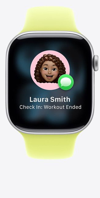 Apple Watch Series 11, boîtier en aluminium, argent, suggestion Accompagnement dans iMessage, Bracelet Sport, jaune fluo