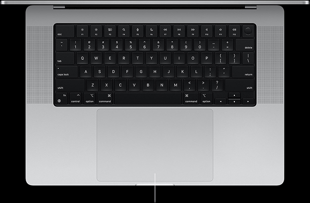Pogled odozgo na otvoreni 16-inčni MacBook Pro u svrhu prikaza Force Touch trackpada, smještenog ispod tipkovnice