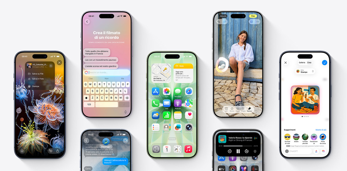 Una serie di iPhone 17 e iPhone 17 Pro, ognuno con una schermata diversa per mettere in evidenza le funzioni di iOS 26 e Apple Intelligence