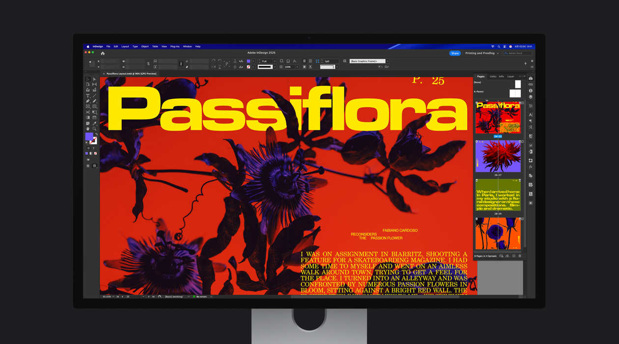 Adobe InDesign 2026のファイルが開いており、あざやかな雑誌の特集ページが表示されている。P3とAdobe RGBの色空間の幅広さを示している