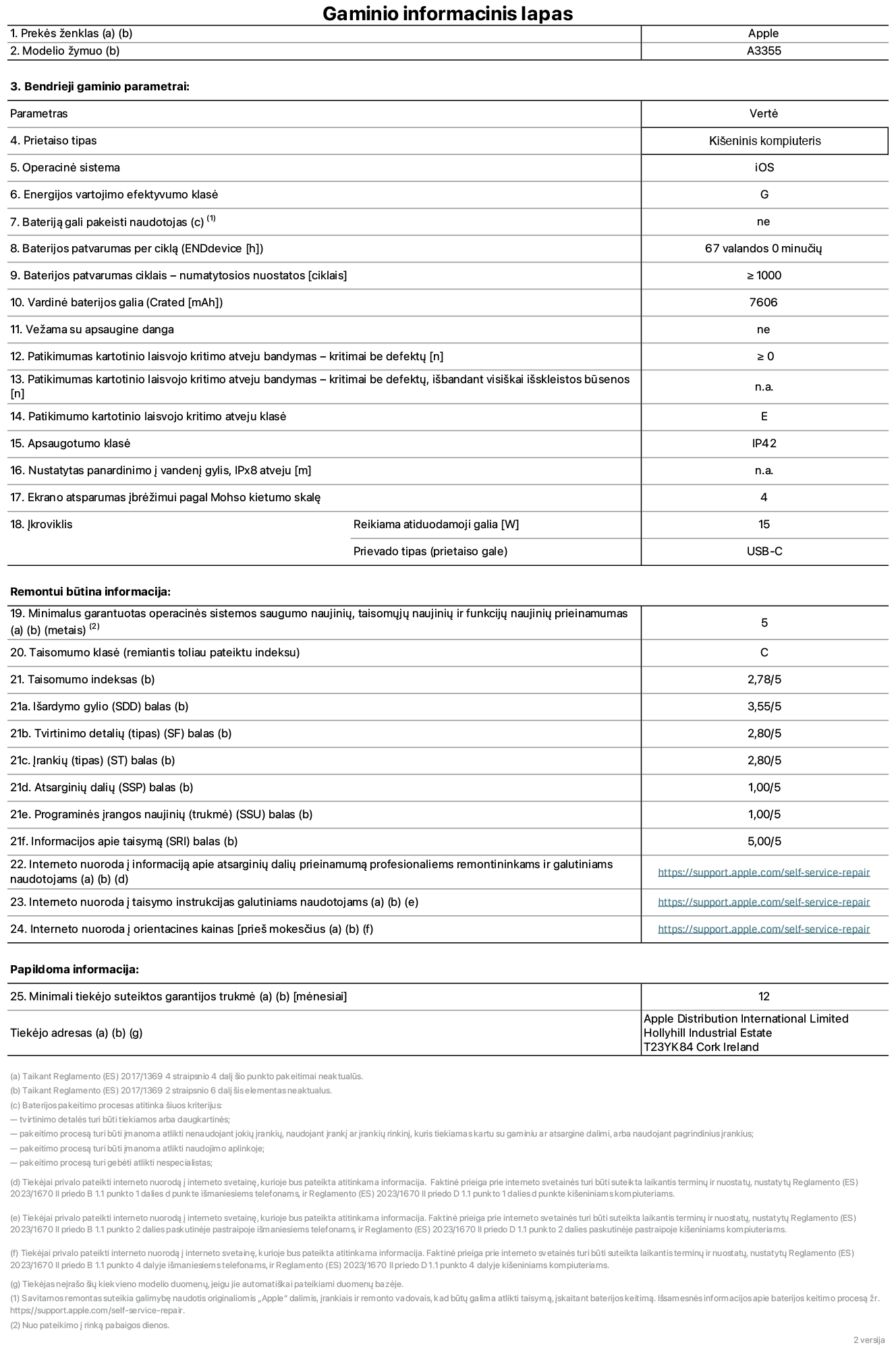 Gaminio informacinis lapas, „iPad Wi-Fi + Cellular“, modelis A3355. Pateikė „Apple Distribution International Ltd“, „Hollyhill Industrial Estate“. Korkas, Airija T23 YK84. Prietaiso tipas: planšetinis kompiuteris. Operacinė sistema: „iOS“. Energijos vartojimo efektyvumo klasė: G. Bateriją gali pakeisti naudotojas: ne. Baterijos patvarumas: 67 valandos. Baterijos patvarumas ciklais: ≥&nbsp;1&nbsp;000. Vardinė baterijos galia: 7&nbsp;606&nbsp;mAh. Patikimumo testas kartotinio laisvojo kritimo atveju – kritimai be defektų: ≥ 0. Patikimumo kartotinio laisvojo kritimo atveju klasė: E. Apsaugotumo klasė: IP42. Ekrano atsparumas įbrėžimui pagal Mohso kietumo skalę: 4. Įkroviklio reikiama atiduodamoji galia: 15 W. Įkroviklio prievado tipas: USB-C. Minimalus garantuotas operacinės sistemos saugumo naujinių, taisomųjų naujinių ir funkcijų naujinių prieinamumas: 5 metai. Taisomumo klasė: C. Taisomumo indeksas: 2,78/5. Išardymo gylio balas: 3,55/5. Tvirtinimo detalių balas: 2,80/5. Įrankių balas: 2,80/5. Atsarginių dalių balas: 1,00/5. Programinės įrangos naujinių balas: 1,00/5. Informacijos apie taisymą balas: 5,00/5. Interneto nuoroda į informaciją apie atsarginių dalių prieinamumą profesionaliems remontininkams ir galutiniams naudotojams: https://support.apple.com/self-service-repair. Interneto nuoroda į taisymo instrukcijas galutiniams naudotojams: https://support.apple.com/self-service-repair. Nuoroda į orientacines kainas prieš mokesčius: https://support.apple.com/self-service-repair. Siūloma 12 mėnesių bendroji garantija.
