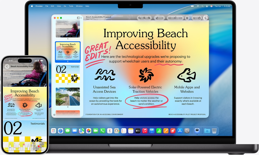 „iPhone“ ir „MacBook“ šalia vienas kito demonstruojant „MacBook“ ekrane rodomą veidrodinį efektą. Kalendoriaus ir pastabų valdikliai ekrano viršuje, programos apačioje.
