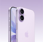 iPhone 17, lavandas krāsa, priekšpuses skats, slīps aizmugures skats, Dual Fusion kameru sistēma augšējā kreisajā pusē, Camera Control virsma, sānskats no priekšpuses ar pilnekrāna dizainu, Action, skaļuma un sānu pogas