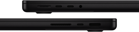 صورة تعرض منافذ MacBook Pro - الجهة اليسرى: MagSafe 3، و2 من منافذ ثندربولت، ومقبس لسماعات الرأس - الجهة اليمنى: فتحة بطاقة SDXC، ومنفذ ثندربولت واحد، وHDMI‏