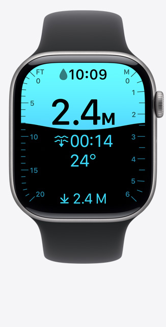 Apple Watch Series 11, alumninum case, rose gold color, Depth app screen, dive at 8 feet
