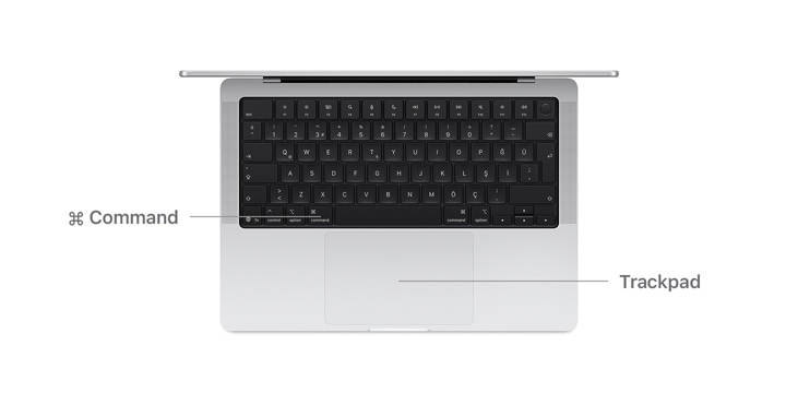 Command tuşu düğmesi ve trackpad’in yerini gösteren çizgilerle 14 inç MacBook Pro’nun üstten görünümü.