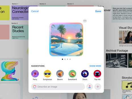 La interfaz de usuario de Image Playground muestra una piscina con palmeras, la puesta de sol de fondo y sugerencias para añadir más elementos a la imagen.