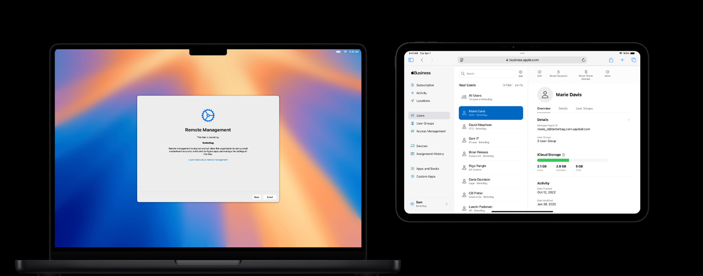 Un Mac, un iPhone y un iPad muestran pantallas de gestión de recursos.