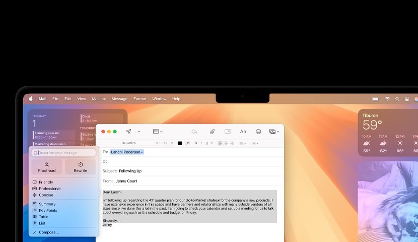 Escritorio de un Mac con un email de trabajo y una instrucción de Apple Inteligence. Detrás de la ventana del email está el widget Calendario.