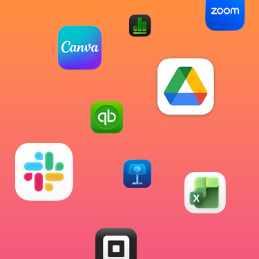 Icone di app per la produttività tra cui Slack, Canva, Google Workspace, Zoom, Quickbooks, Keynote, Excel, Square e Numbers su uno sfondo colorato.