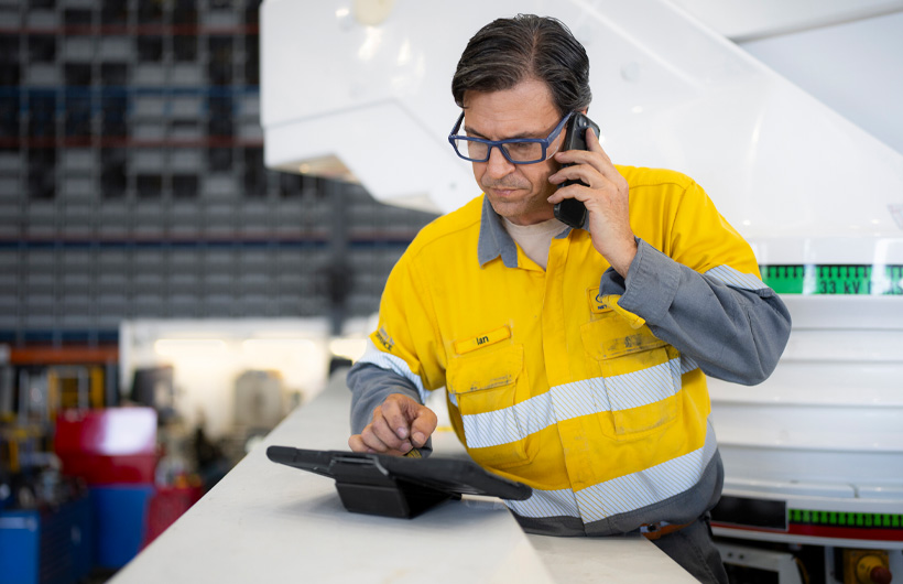 Un employé dans un entrepôt tient un iPhone à l’oreille en travaillant sur un iPad