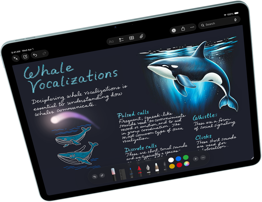 iPad Air i liggande läge visar upp Apple Intelligence med Image Playground och Keynote samt Apple Pencil Pro