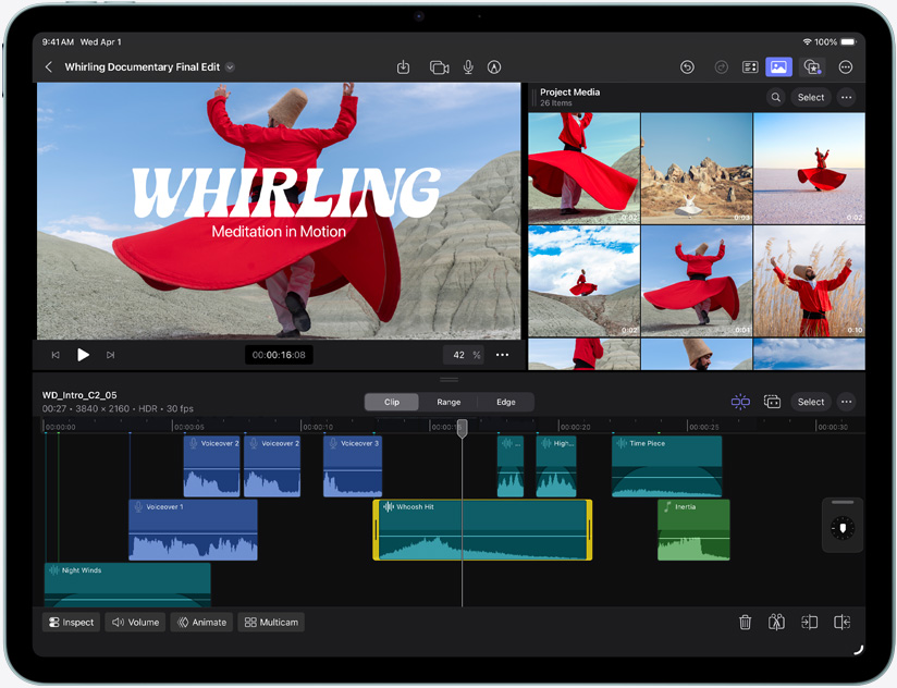 iPad Air, sedd framifrån, visar videoredigering i Final Cut Pro