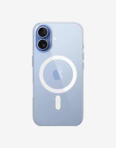 iPhone 17, parte trasera exterior, funda transparente con MagSafe, sistema de cámara dual Fusion en la esquina superior izquierda