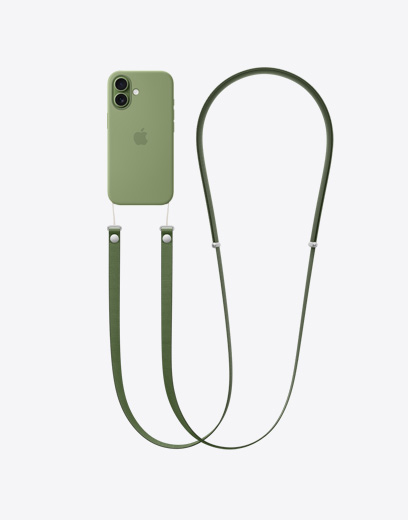 iPhone 17, parte trasera, funda verde, correa cruzada verde enganchada