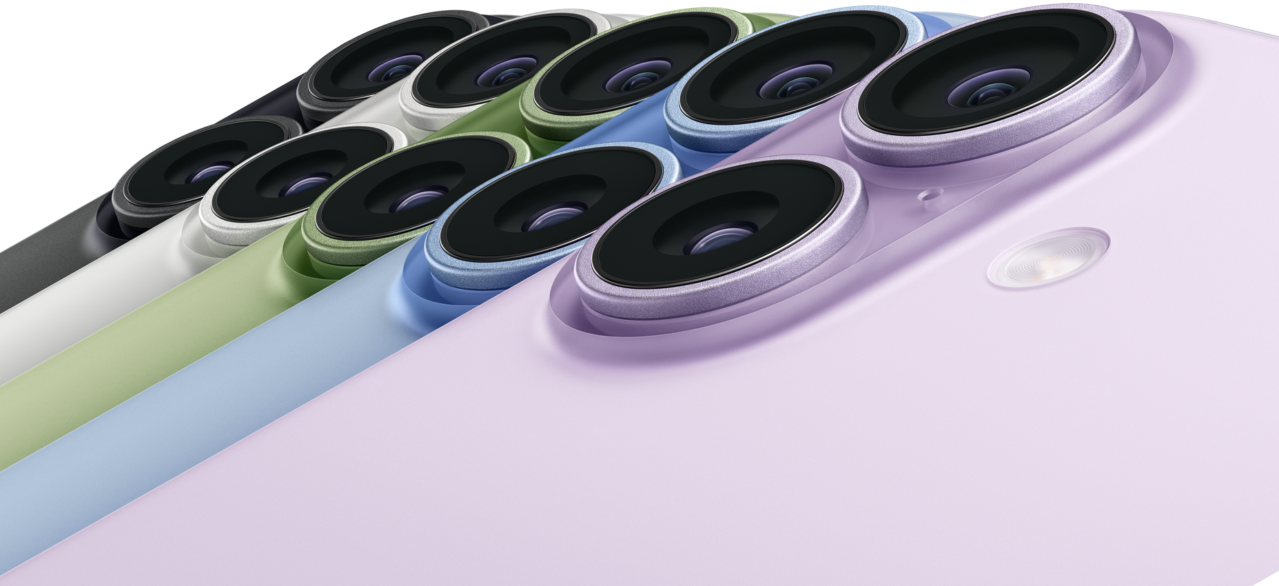 Cinco dispositivos iPhone 17, parte trasera exterior, esquina superior izquierda, sistema de cámara dual Fusion, colores: negro, blanco, verde salvia, azul neblina y lavanda