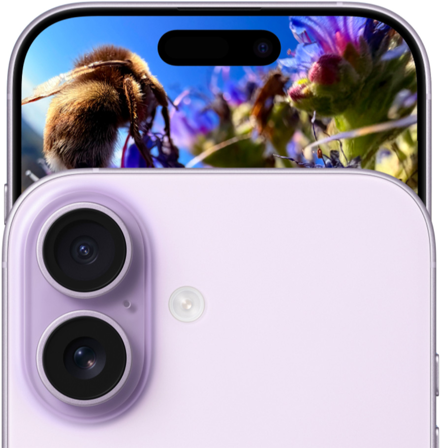 Parte delantera exterior de un iPhone 17 que muestra el sistema de cámara dual Fusion, parte trasera exterior, color lavanda.