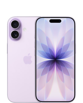 iPhone 17, parte trasera, color lavanda, sistema de cámara dual Fusion arriba a la izquierda, logo de Apple en el centro, parte delantera, color lavanda, Dynamic Island centrada en el extremo superior