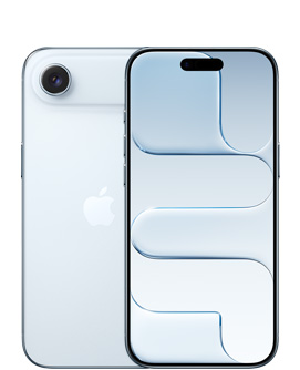 Himmelblå iPhone Air, vist bagfra med Fusion-dobbeltkamerasystem øverst til venstre, Apple-logo i midten. Vist forfra i himmelblå med Dynamic Island øverst i midten