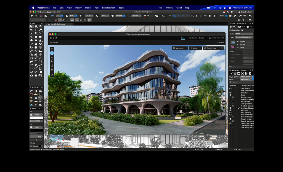 MacBook Pro Display zeigt Vectorworks Design Suite mit Maxon Redshift
