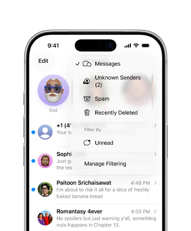 To tredjedele af den øverste del af en iPhone viser appen Beskeder med nye filtreringsværktøjer, der kan samle ukendte numre i en sektion, der hedder Ukendte afsendere
