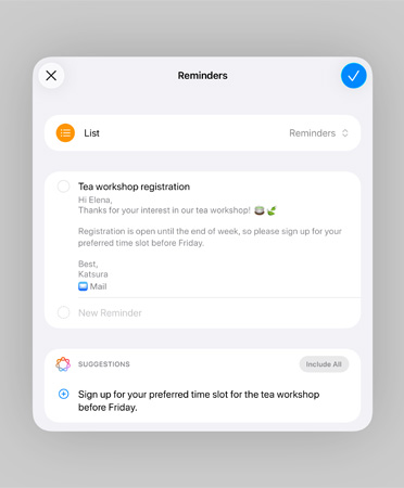 Lista na app Lembretes com lembretes inteligentes e sugestões de tarefas