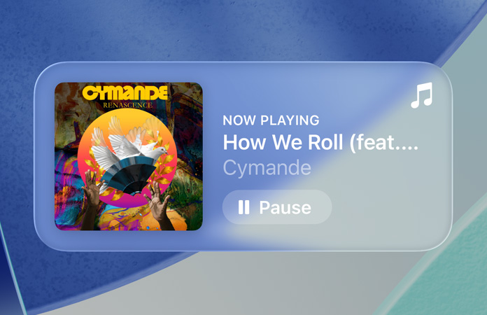 Controlos transparentes na Apple Music com efeito de refração no fundo