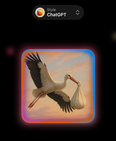 Image Playground com menu pendente na parte superior, que diz Estilo: ChatGPT, e imagem de uma cegonha a voar e a carregar um bebé numa trouxa