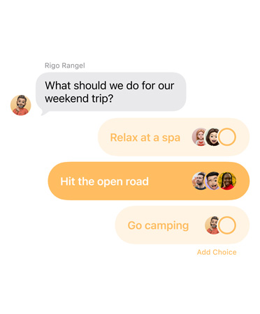 Funcionalidade de sondagens na app Mensagens, com as pessoas na conversa de grupo a votarem sobre o destino de uma viagem de fim de semana